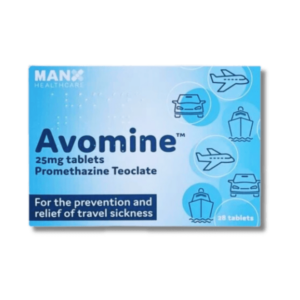 Box of Avomine 25mg Tablets used to treat motion sickness and nausea