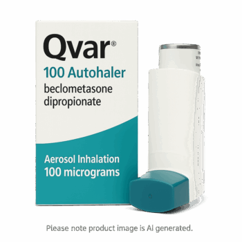 Box and inhaler device of Qvar beclometasone dipropionate for asthma