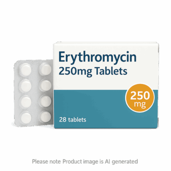 Box of Erythromycin 250mg Tablets used to treat bacterial infections