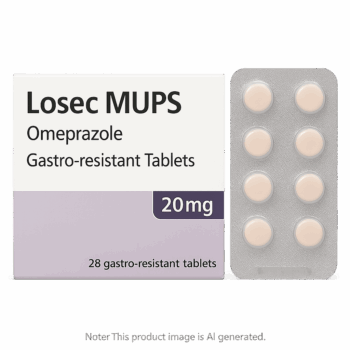 Box of Losec MUPS omeprazole tablets for acid reflux treatment